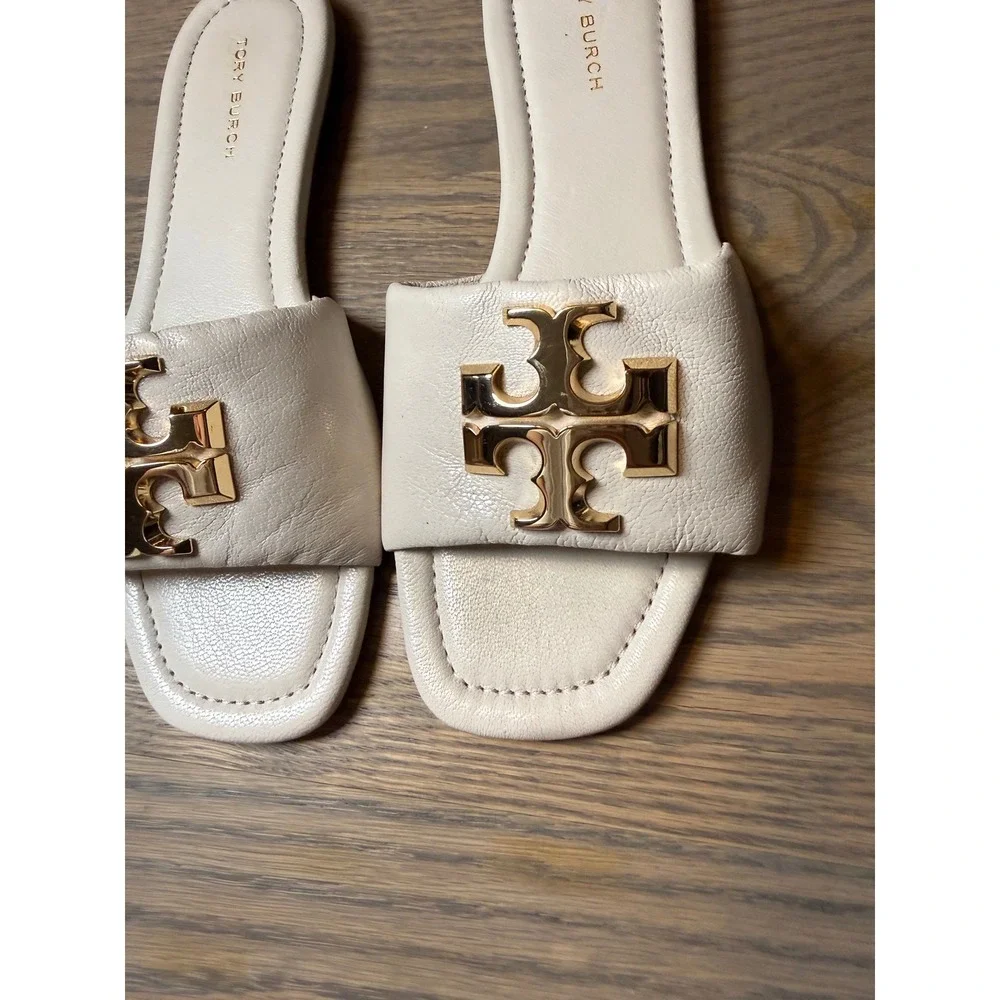 Tory Burch Eleanor Slide Sandals New Ivory Leather Gold Logo Flat 5M